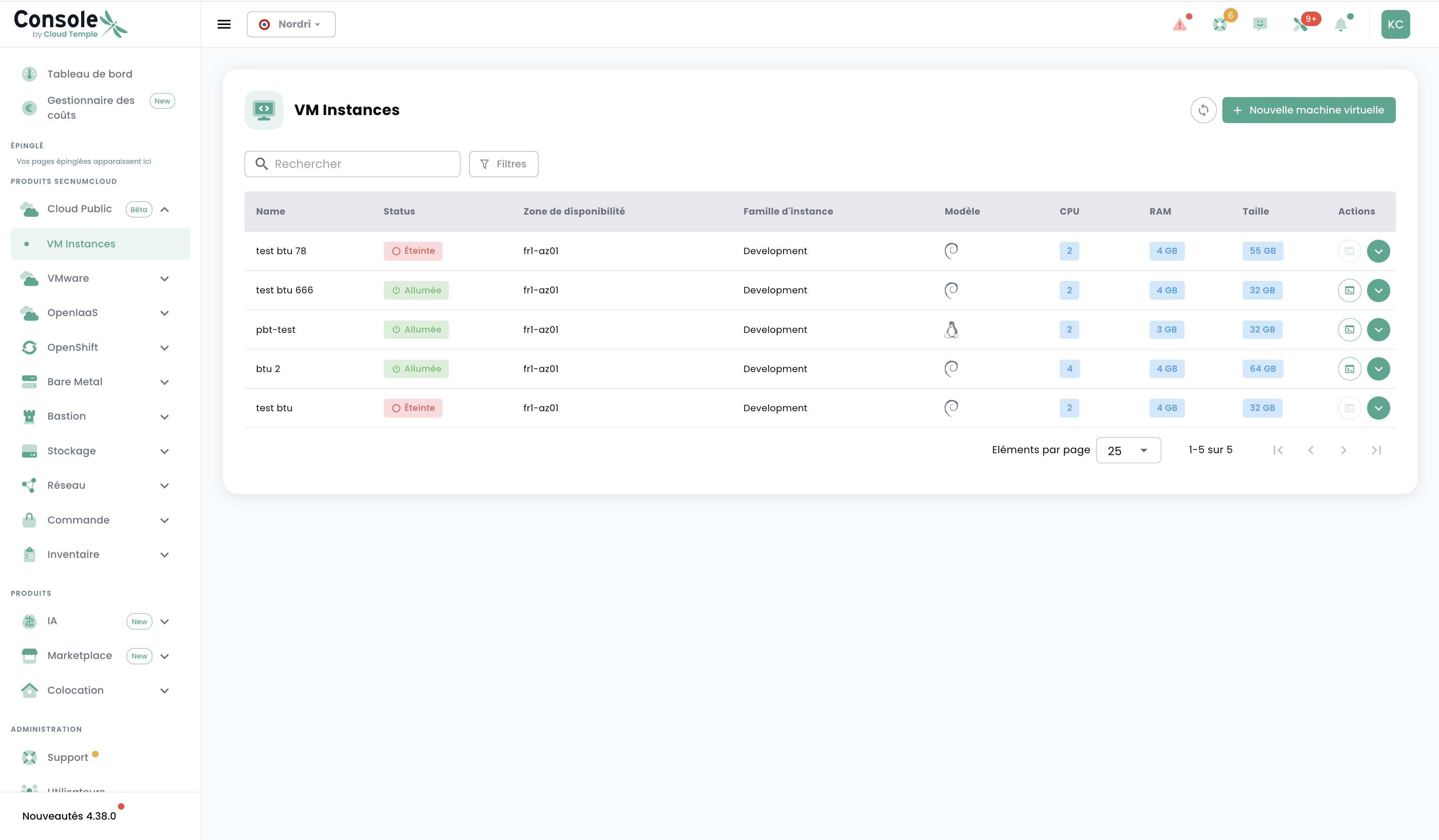 VM Instances-Liste in der Cloud Temple Console