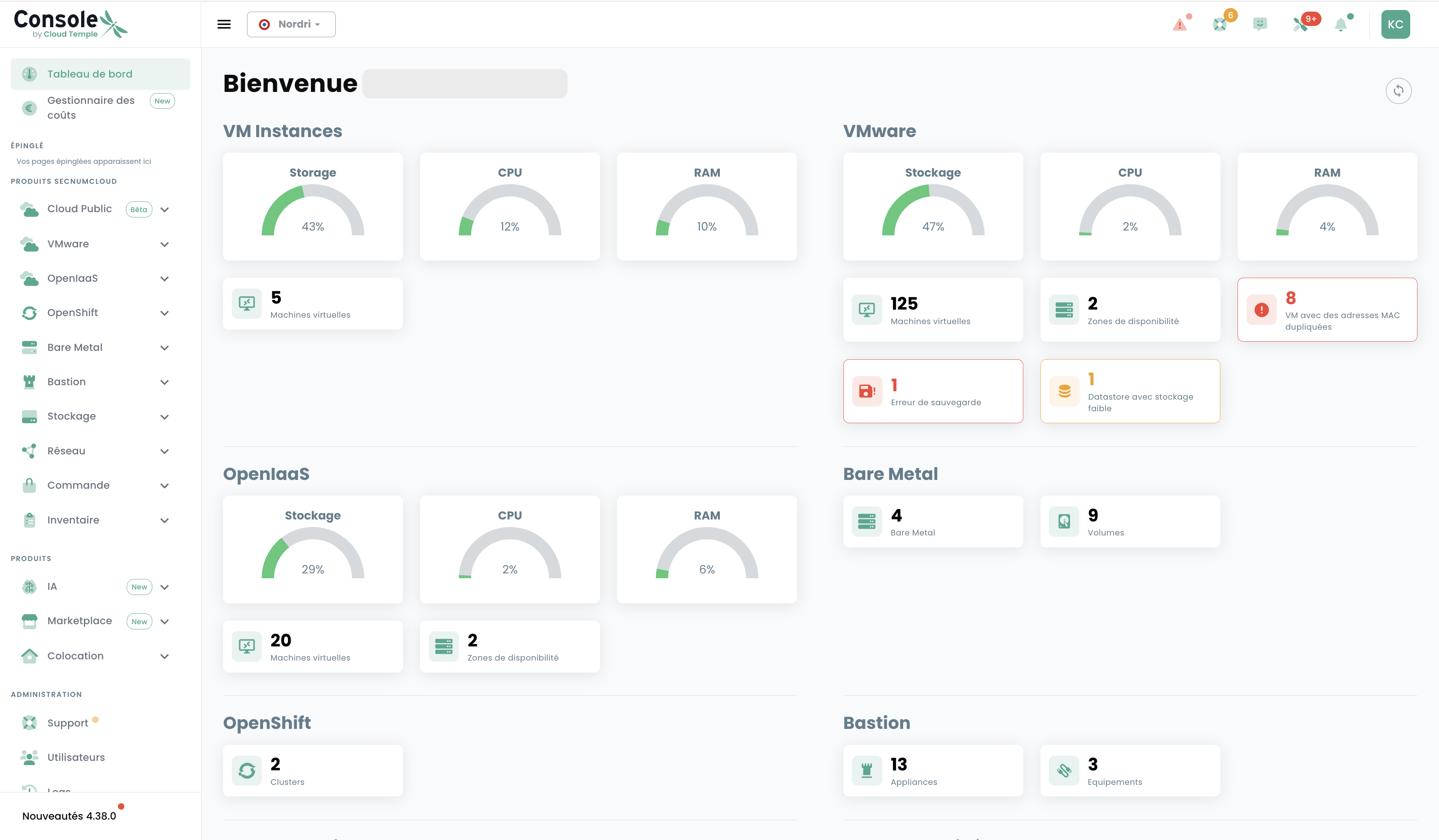 Cloud Temple Console Dashboard