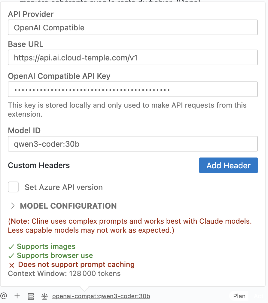 Configuración de CLINE para LLMaaS